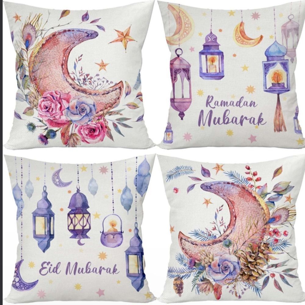 Linen Ramadan Mubarak Pillow Covers 18x18 Set Of 4 Mosque Lattern Islamic Mubara